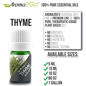 May include: A green glass bottle with a white cap containing Thyme essential oil. The bottle is labeled "Aroma2Go Thyme 0.17FL OZ. 15 ML". The product is 100% pure, therapeutic-grade, plant-based oil. Available sizes include 5 ml, 15 ml, 16 oz, 80 oz, and 1 gallon.