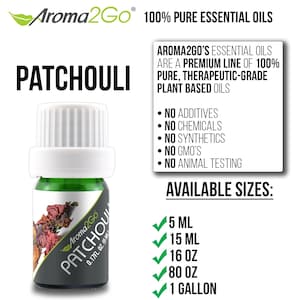 May include: A green glass bottle with a white cap and a label that says "Aroma2Go Patchouli 0.17FL OZ. 15 ML". The bottle is sitting on a white background. The text "Patchouli" is in a large, bold font. The text "Aroma2Go" is in a smaller font. The text "100% Pure Essential Oils" is in a large, bold font. The text "Available Sizes" is in a large, bold font. The text "5 ML, 15 ML, 16 OZ, 80 OZ, 1 GALLON" is in a smaller font. The text "No Additives, No Chemicals, No Synthetics, No GMO's, No Animal Testing" is in a smaller font.