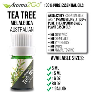 May include: A green glass bottle of Tea Tree essential oil with a white cap. The bottle is labeled "Aroma2Go Tea Tree 0.17FL. OZ". The label also includes the text "100% Pure Essential Oils" and "No Additives, No Chemicals, No Synthetics, No GMO's, No Animal Testing". The bottle is available in sizes of 5 ml, 15 ml, 16 oz, 80 oz, and 1 gallon.