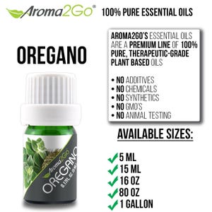 May include: A green glass bottle with a white cap and a label that says "Aroma2Go Oregano 0.17FL. OZ. 15 ML". The bottle is filled with a dark green liquid and has a green leaf design on the label. The text "OREGANO" is in large white letters on the label. The bottle is sitting on a white background. The text "100% PURE ESSENTIAL OILS" is at the top of the image. The text "AROMA2GO'S ESSENTIAL OILS ARE A PREMIUM LINE OF 100% PURE, THERAPEUTIC-GRADE PLANT BASED OILS" is in the middle of the image. The text "AVAILABLE SIZES:" is at the bottom of the image. The text "5 ML, 15 ML, 16 OZ, 80 OZ, 1 GALLON" is below the text "AVAILABLE SIZES:".