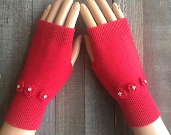 Fingerless Gloves Arm Hand Warmers Red Gloves Knit Mittens Women's Texting Rhinestone Gloves Wool Christmas Holiday Gifts for Her