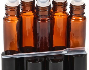 6 New, High Quality, Amber, 10 ml, Glass Roll on Bottles with Stainless Steel Roller Balls. Dropper included.