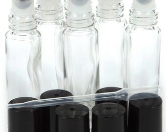 6 New, High Quality, Clear, 10 ml, Glass Roll on Bottles with Stainless Steel Roller Balls. Dropper included.