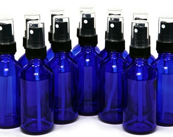 12 New, High Quality, 2 oz Cobalt Blue Glass Bottles, with Fine Mist Sprayer's
