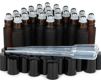 24 New, High Quality, Frosted, Amber, 10 ml, Glass Roll on Bottles with Stainless Steel Roller Balls. 3 Dropper's included.