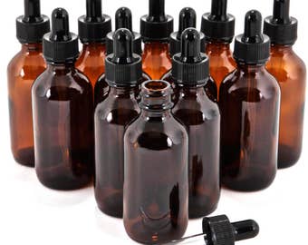 12 New, High Quality, 2 oz Amber Glass Bottles, with Glass Eye Droppers