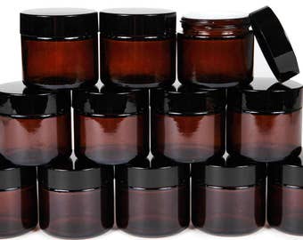 12, Amber, 2 oz, Round Glass Jars, with Inner Liners and black Lids