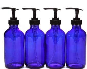 4, Large, 8 oz, Empty, Cobalt Blue Glass Bottles with Black Lotion Pumps