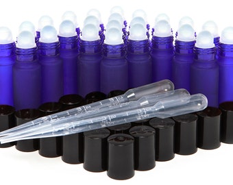 24 New, High Quality, Frosted Cobalt Blue, 10 ml, Glass Roll on Bottles with 3 - 3 ml Dropper