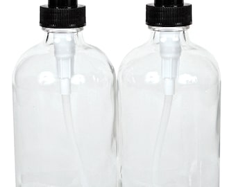 2, Large, 16 oz, Empty, Clear Glass Bottles with Black Lotion Pumps