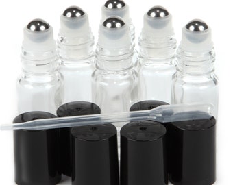 6 New, High Quality, clear, Mini (Approximately 4 ml, 1/8 fl. oz) Glass Roll on Bottles with Stainless Steel Roller Balls. Dropper included.