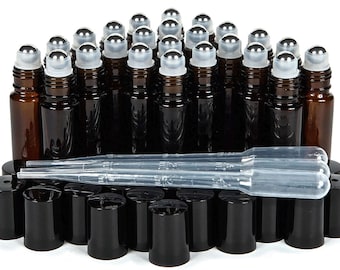 24 New, High Quality, Amber, 10 ml, Glass Roll on Bottles with Stainless Steel Roller Balls. 3 Dropper's included.