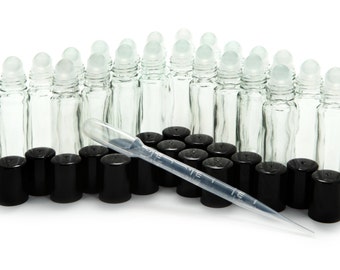 24 New, High Quality, Clear, 10 ml Glass Roll on Perfume Bottles with 3 ml Dropper's