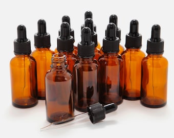 12 New, High Quality, 1 oz Amber Glass Bottles, with Glass Eye Droppers
