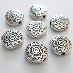 12 -  Small Antiqued Silver 10mm Aztec Sun Flat Coin Pewter Beads, Irregular Shape