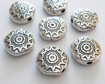 12 -  Small Antiqued Silver 10mm Aztec Sun Flat Coin Pewter Beads, Irregular Shape