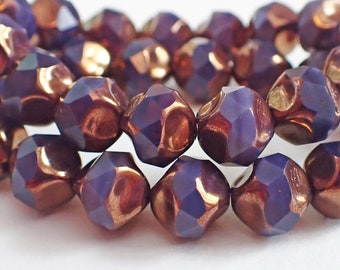 6 - Purple Silk & Bronze 9mm Central Cut Beads, Opaline, Czech Republic Glass Beads