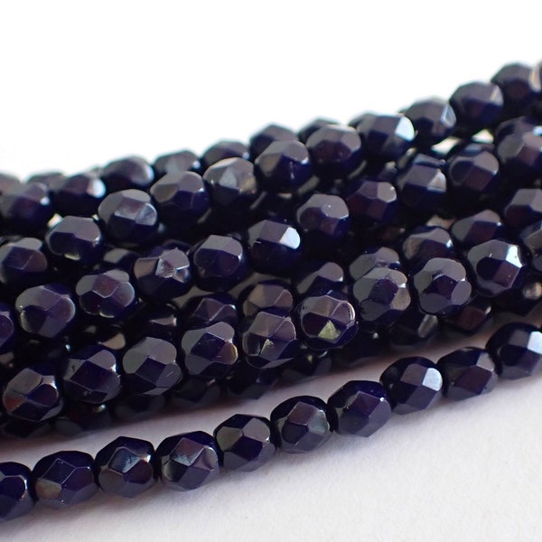 4mm, 6mm Dark Navy Blue Fire Polished Faceted Round Beads, Shiny Finish, Opaque, Czech Republic Glass Beads (7576-7593)