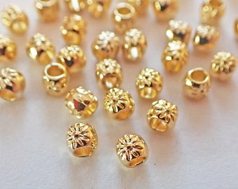 100 -  Tiny Pewter 3x3mm Round Beads, 3mm, Daisy Design, Gold Tone, Monkeyshine Beads