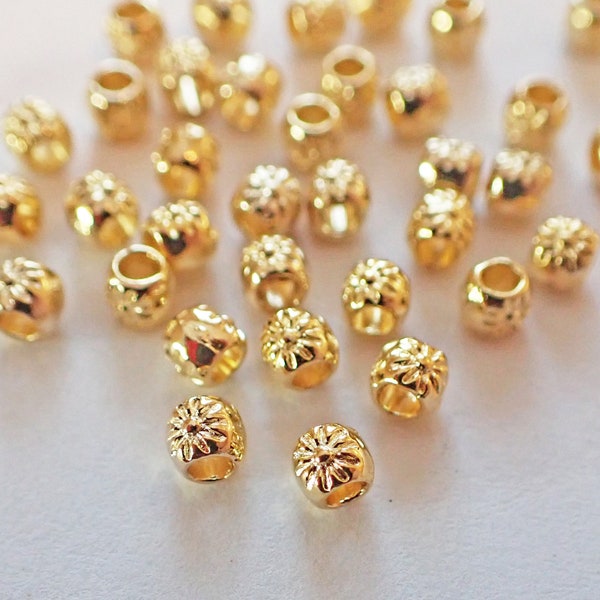 100 -  Tiny Pewter 3x3mm Round Beads, 3mm, Daisy Design, Gold Tone, Monkeyshine Beads