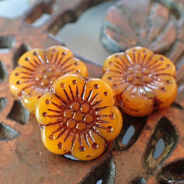 2 - Butternut Opal 18mm Wild Rose Flower Beads, Dark Bronze Wash, Czech Republic Glass Beads