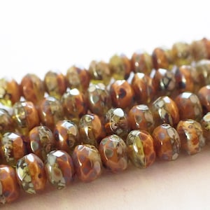 5x3mm, 7x5mm, 9x6mm Umber Brown & Mediterranean Olive Green Faceted Rondelle Beads, Picasso Finish, Czech Republic Glass Beads