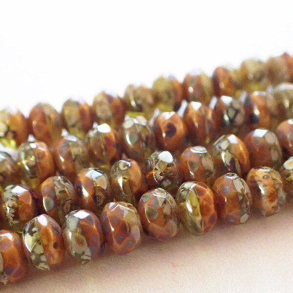 5x3mm, 7x5mm, 9x6mm Umber Brown & Mediterranean Olive Green Faceted Rondelle Beads, Picasso Finish, Czech Republic Glass Beads