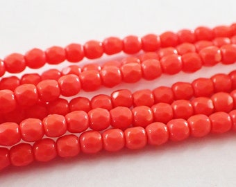3mm Shiny & 4mm Matte Coral Orange Fire Polish Faceted Round Beads, Opaque, Czech Republic Glass Beads