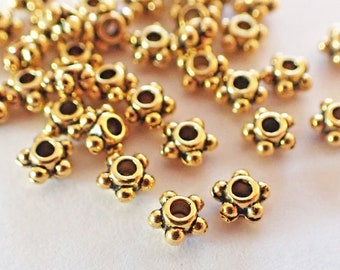 50 - Tiny 5x3mm Antique Gold Daisy Pewter Spacers, Gold Plated, Monkeyshine Beads