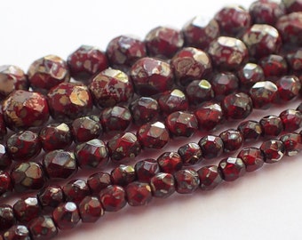 3mm, 4mm & 6mm Garnet Red Picasso Fire Polished Faceted Round Beads, Transparent, Czech Republic Glass Beads