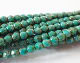 50 - Persian Turquoise Picasso 4mm Fire Polish Faceted Round Beads, Czech Republic Glass Beads