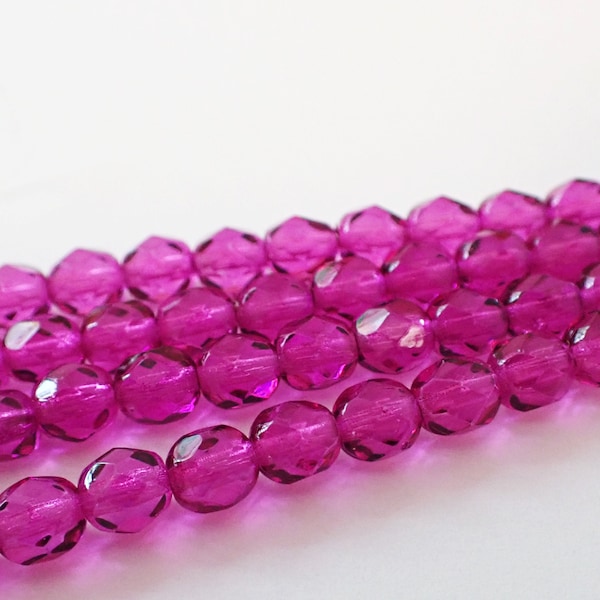 25 - Dark Orchid 6mm Faceted Fire Polished Round Beads, Transparent, Purple, Czech Republic Glass Beads