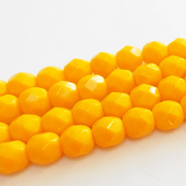 3mm, 4mm, 6mm Yellow Orange Fire Polished Faceted Round Beads, Opaque, Czech Republic Glass Beads