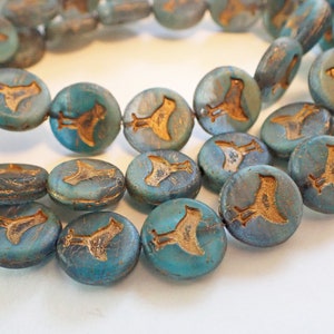 6 - Aged Caribbean Blue Bird 12mm Coin Beads, Matte Gold Finish, Translucent & Opaque, Czech Republic Glass Beads (5609)