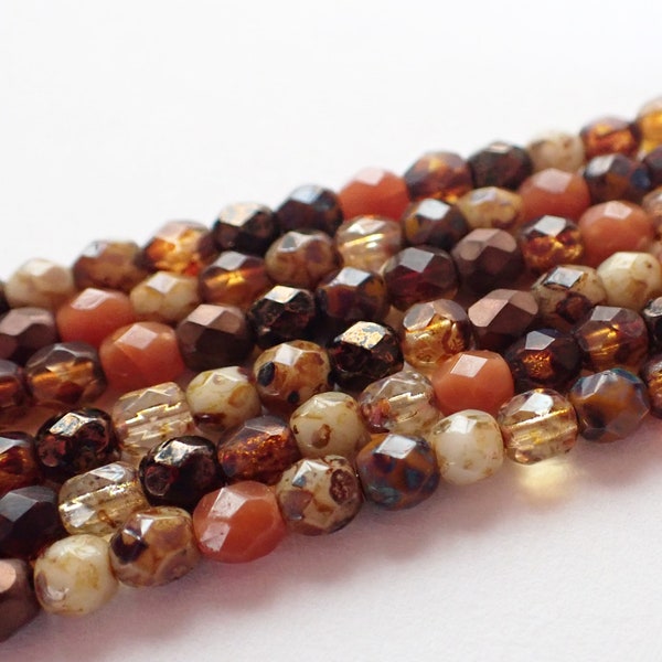 40 - Brown & Carnelian Mix Picasso 4mm Fire Polish Faceted Round Beads, Opaque, Transparent, Custom Mix, Czech Republic Glass Beads