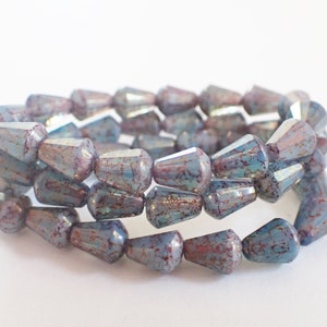 15 - Blue Opal & Silk 8x6mm Faceted Teardrop Beads, Gold Purple Marbled Finish, Czech Republic Glass Beads