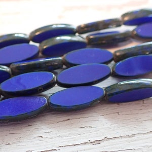 8 - Sapphire Blue Picasso 16x6mm Spindle Beads, Opaque, Table Cut, Czech Republic Glass Beads