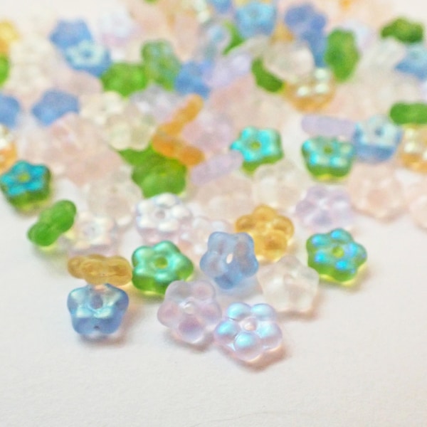 50 - Matte Pastel Mix 5mm Tiny Forget Me Not Flower Spacer Beads, Daisy Spacer, AB, Blue, Green, Pink, Lavender, Czech Republic Glass Beads