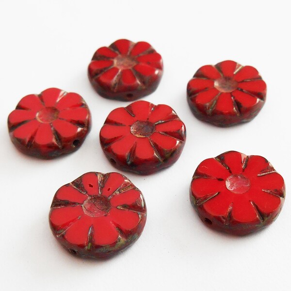 7 - Red Picasso 12mm Carved Daisy Flower Beads, Opaque, Czech Glass Beads, Etched Coin, Monkeyshine Beads