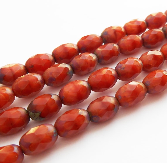 18 Czech Glass Red Silk Travertine Faceted Teardrop Beads 8x6mm