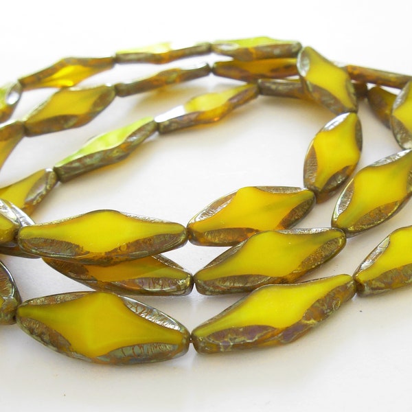 4 - Yellow Green Silk Picasso 25x10mm Diamond Cut Long Oval Spindle Beads, Czech Glass, Table Cut, Boat, Petal, Monkeyshine Beads