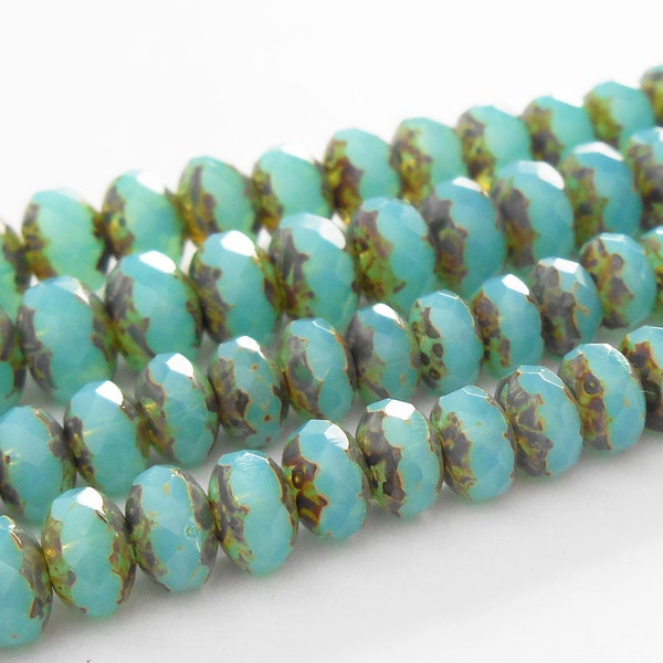 10 - 9x6mm Aqua Blue Opal Picasso Faceted Rondelle Beads, Czech Republic Glass Beads