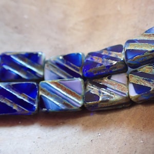 8 - Blue & Lavender Picasso 13x9mm Chunky Table Cut Rectangle Beads, Czech Glass