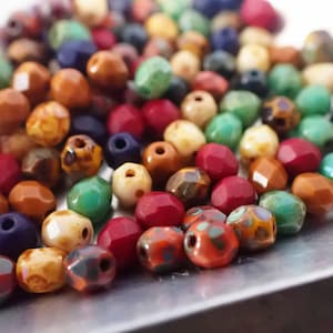 50 - Custom Autumn Mix 4mm Fire Polished Faceted Round Beads, Opaque, Orange, Navy, Burgundy, Mustard, Green, Czech Republic Glass Beads