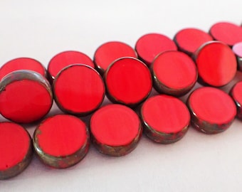 6 - Coral Picasso 11mm Table Cut Coin Beads, Opaque, Red Orange, Czech Republic Glass Beads