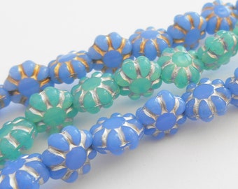 12 - Cornflower Blue & Silver 9mm Daisy Flower Beads, Cactus Flower, Czech Republic Glass Beads