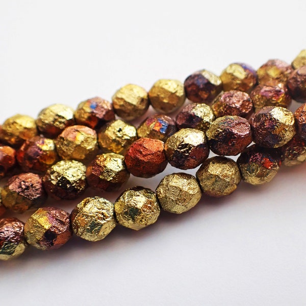 50 - California Gold Etched 4mm Faceted Fire Polished Round Glass Beads, Stone Look, Shiny Finish, Czech Republic Glass Beads