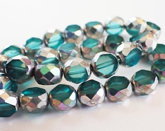 15 - Sea Green & Silver Finish 8mm Beveled Faceted Oval Beads, Transparent, Czech Republic Glass Beads, Beveled Coin