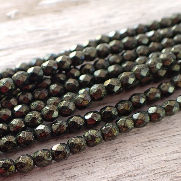 20% OFF! 50 - Dark Patina 4mm Fire Polished Faceted Round Beads, Gold Wash, Opaque, Czech Republic Glass Beads (7785)