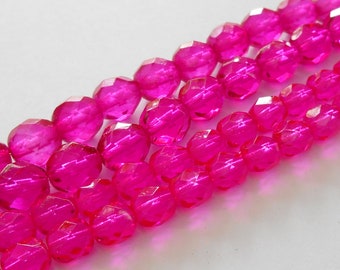 22- Fuchsia Pink 8mm Faceted Fire Polished Round Beads, Transparent, Czech Republic Glass Beads